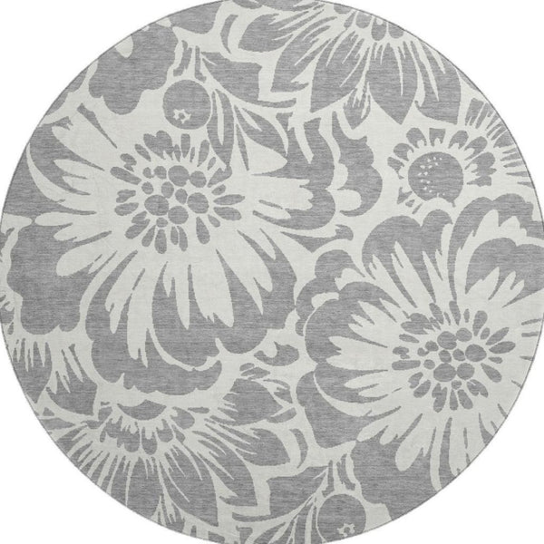 HomeRoots 8' Gray and Ivory Floral Round Rug – Stylish, Stain-Resistant, UV-Protected for Any Space! 648649