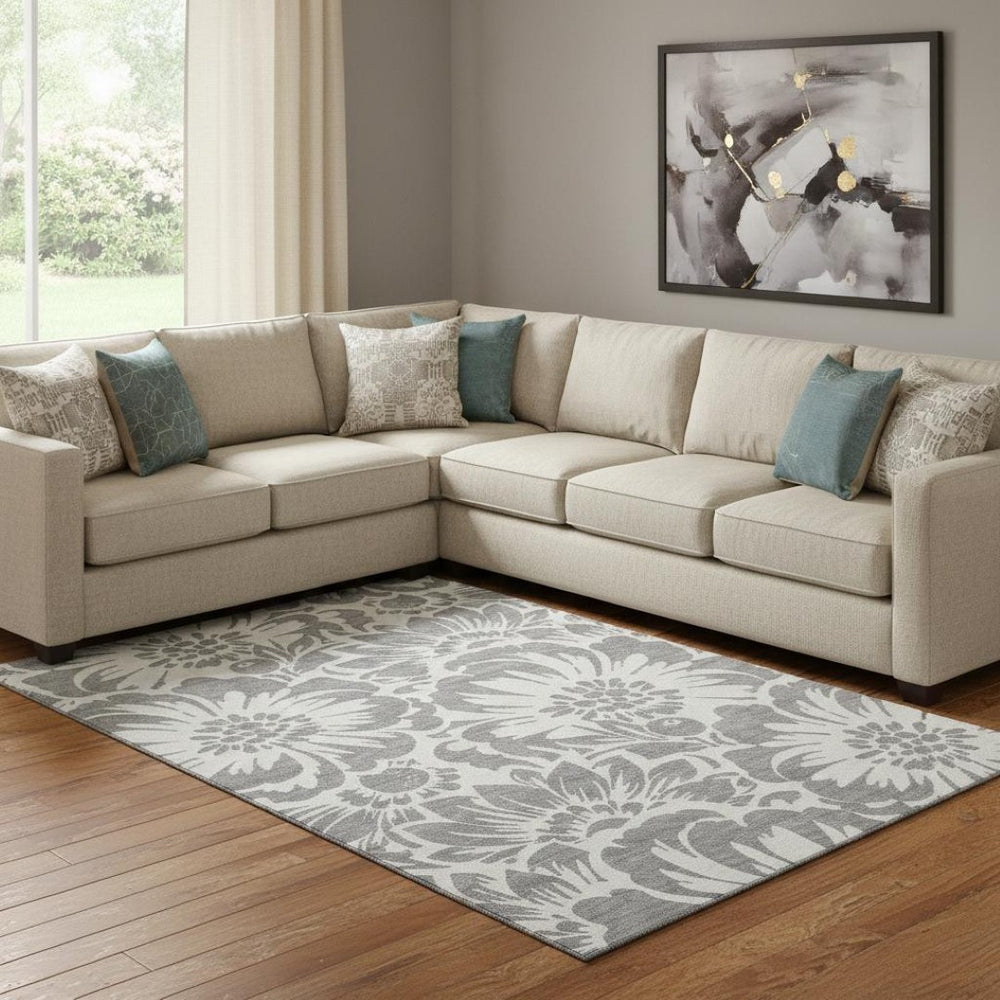 HomeRoots 8' X 10' Gray and Ivory Floral Area Rug – Durable, Washable, UV-Protected for High-Traffic Spaces 648650