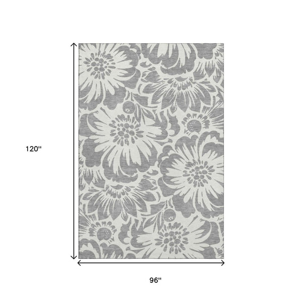HomeRoots 8' X 10' Gray and Ivory Floral Area Rug – Durable, Washable, UV-Protected for High-Traffic Spaces 648650