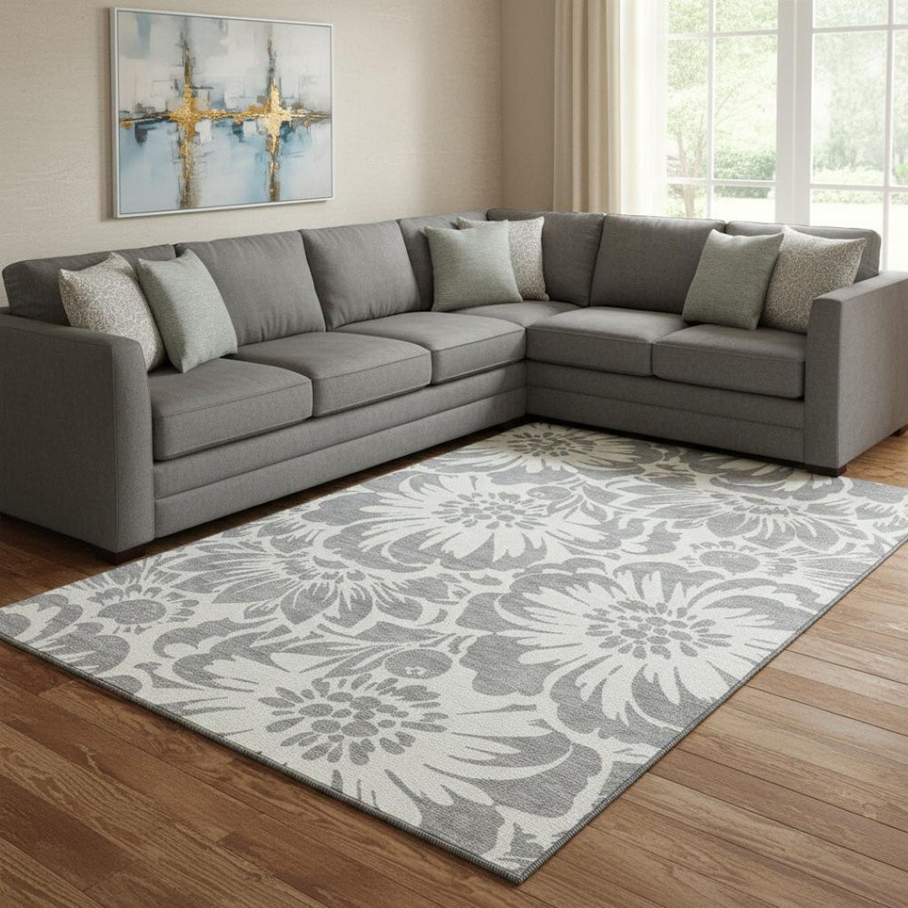 HomeRoots 9' X 12' Gray and Ivory Floral Washable Area Rug - Durable, Stylish, UV-Protected for Busy Homes! 648651