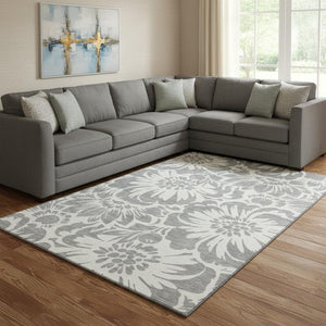 HomeRoots 9' X 12' Gray and Ivory Floral Washable Area Rug - Durable, Stylish, UV-Protected for Busy Homes! 648651