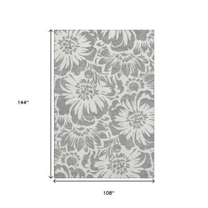 HomeRoots 9' X 12' Gray and Ivory Floral Washable Area Rug - Durable, Stylish, UV-Protected for Busy Homes! 648651