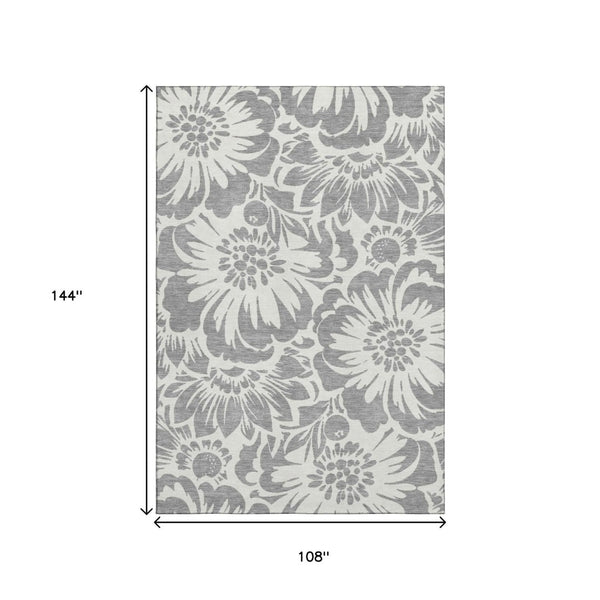 HomeRoots 9' X 12' Gray and Ivory Floral Washable Area Rug - Durable, Stylish, UV-Protected for Busy Homes! 648651