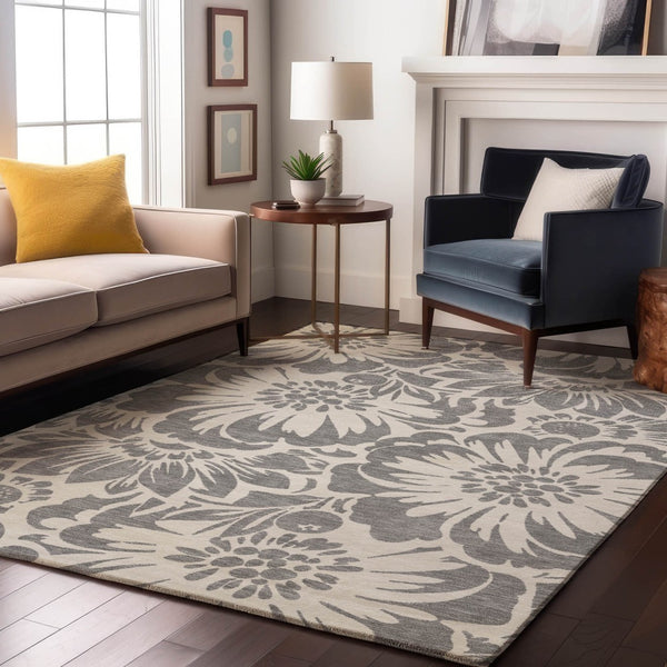 HomeRoots 10' X 14' Gray Floral Area Rug - Washable, UV Protected, Durable Design for High-Traffic Spaces 648652