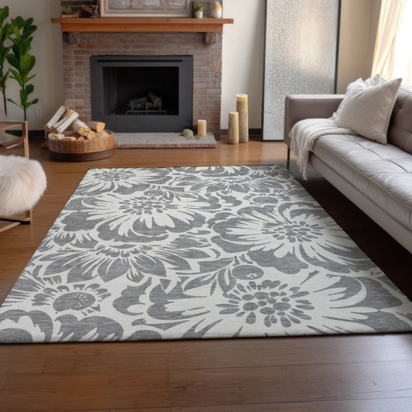 HomeRoots 10' X 14' Gray Floral Area Rug - Washable, UV Protected, Durable Design for High-Traffic Spaces 648652