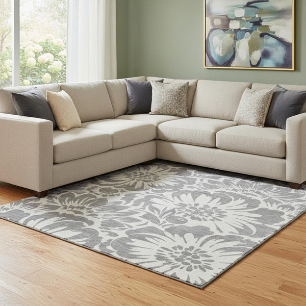 HomeRoots 10' X 14' Gray Floral Area Rug - Washable, UV Protected, Durable Design for High-Traffic Spaces 648652