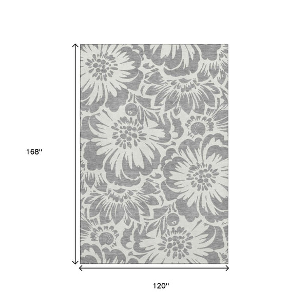 HomeRoots 10' X 14' Gray Floral Area Rug - Washable, UV Protected, Durable Design for High-Traffic Spaces 648652