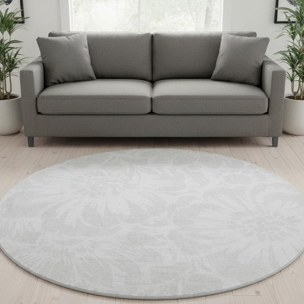 HomeRoots 8' Ivory and Cream Floral Round Rug - Washable, UV Protected, Durable Design for High-Traffic Areas 648655