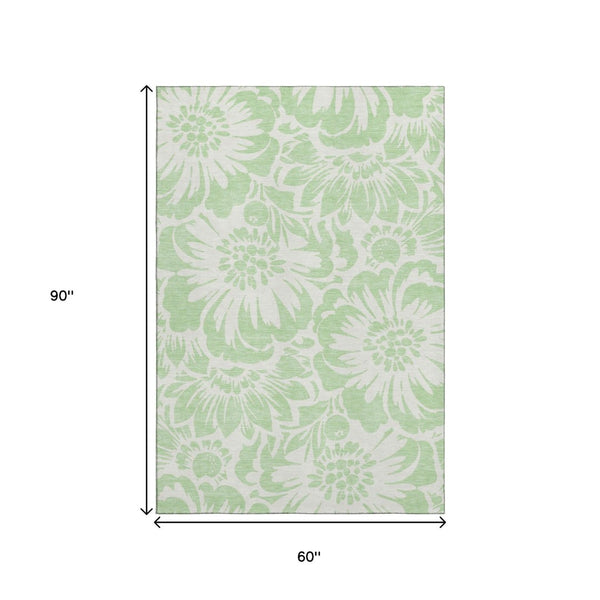 HomeRoots 5' X 8' Mint Green Floral Area Rug - Washable, UV Protected, Durable & Stylish for Any Space 648660