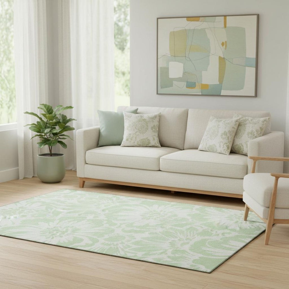 HomeRoots 5' X 8' Mint Green Floral Area Rug - Washable, UV Protected, Durable & Stylish for Any Space 648660