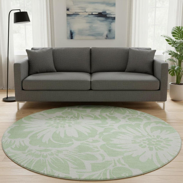 HomeRoots 8' Mint Green Floral Washable Round Rug - UV Protected, Soft & Durable for Living Rooms & Nurseries 648661