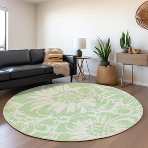 HomeRoots 8' Mint Green Floral Washable Round Rug - UV Protected, Soft & Durable for Living Rooms & Nurseries 648661