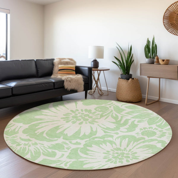 HomeRoots 8' Mint Green Floral Washable Round Rug - UV Protected, Soft & Durable for Living Rooms & Nurseries 648661
