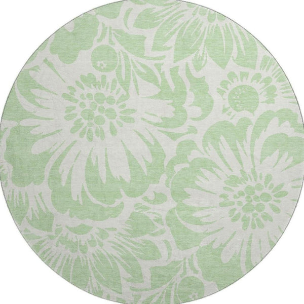 HomeRoots 8' Mint Green Floral Washable Round Rug - UV Protected, Soft & Durable for Living Rooms & Nurseries 648661