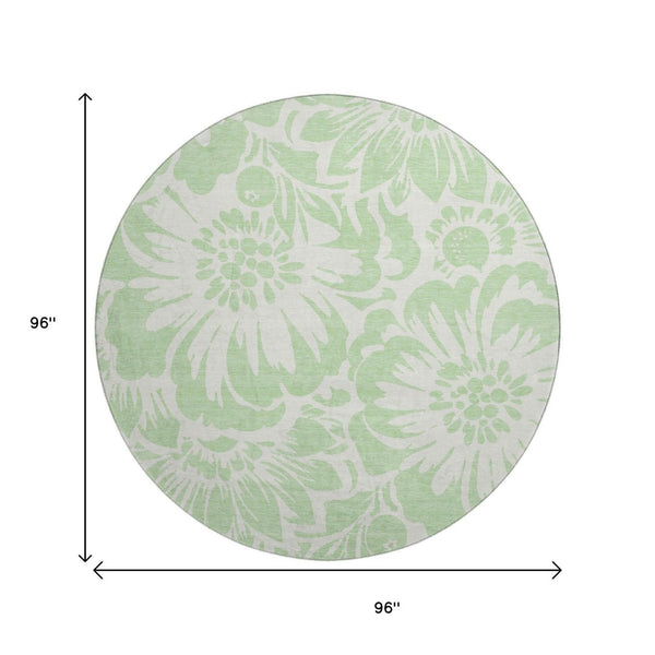 HomeRoots 8' Mint Green Floral Washable Round Rug - UV Protected, Soft & Durable for Living Rooms & Nurseries 648661