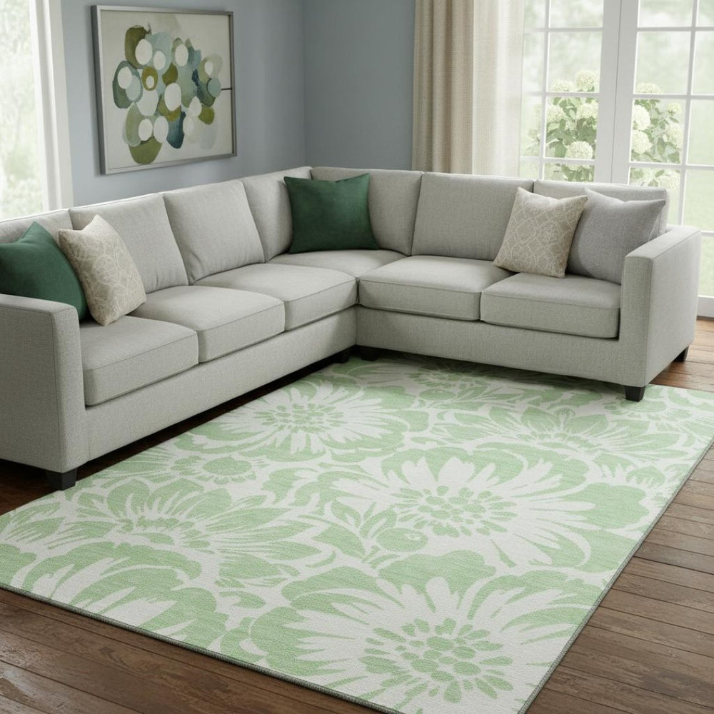 HomeRoots 8' X 10' Mint Green Floral Area Rug - Washable, UV Protected, Stain-Resistant for Family Spaces 648662