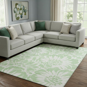 HomeRoots 8' X 10' Mint Green Floral Area Rug - Washable, UV Protected, Stain-Resistant for Family Spaces 648662