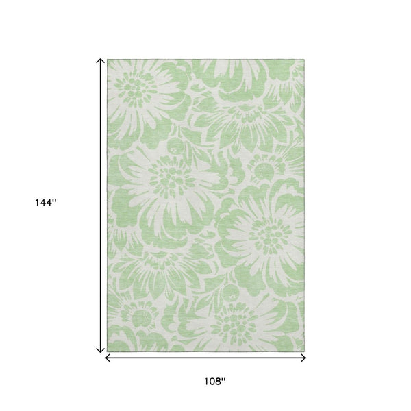 HomeRoots 9' X 12' Elegant Mint Green & Ivory Floral Area Rug - Washable, UV Protected, Perfect for Every Room! 648663