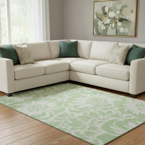HomeRoots 10' Mint Green & Ivory Floral Area Rug - Washable, UV Protected, Stain Resistant for Busy Homes 648664