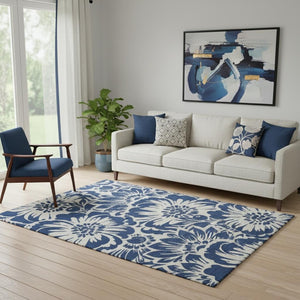 HomeRoots 5' X 8' Navy Blue Floral Area Rug - Washable, Stain Resistant & UV Protected for Busy Homes 648666