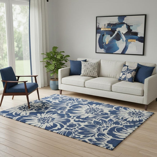 HomeRoots 5' X 8' Navy Blue Floral Area Rug - Washable, Stain Resistant & UV Protected for Busy Homes 648666