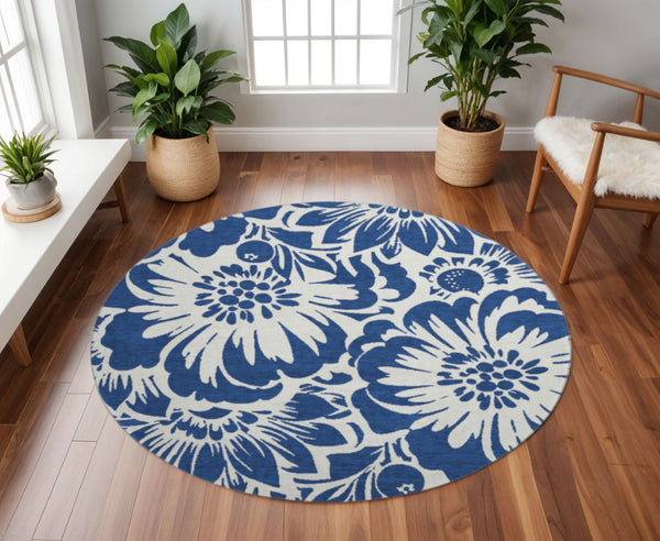 HomeRoots 8' Navy Blue Floral Round Rug - Washable, UV-Protected, and Stain-Resistant for Stylish Spaces 648667