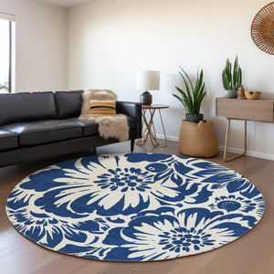HomeRoots 8' Navy Blue Floral Round Rug - Washable, UV-Protected, and Stain-Resistant for Stylish Spaces 648667