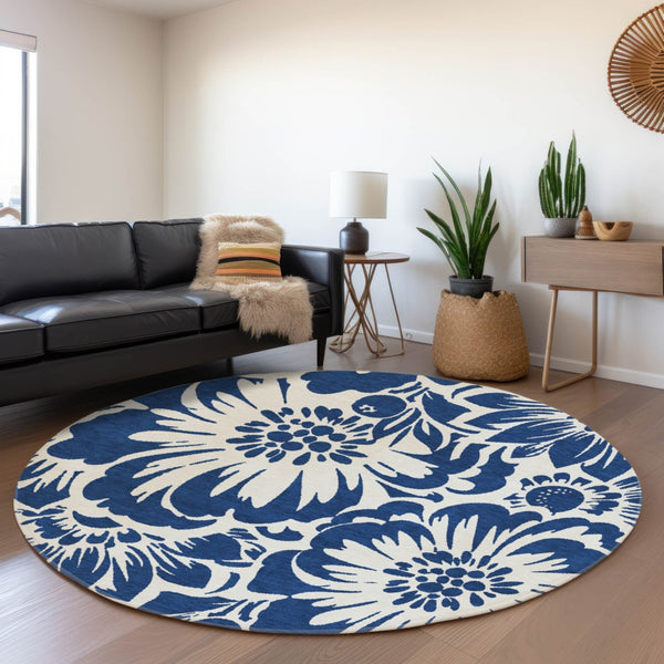 HomeRoots 8' Navy Blue Floral Round Rug - Washable, UV-Protected, and Stain-Resistant for Stylish Spaces 648667