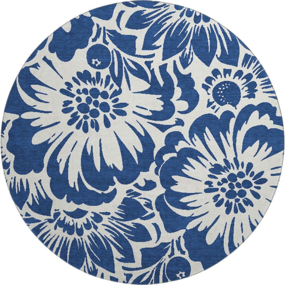 HomeRoots 8' Navy Blue Floral Round Rug - Washable, UV-Protected, and Stain-Resistant for Stylish Spaces 648667