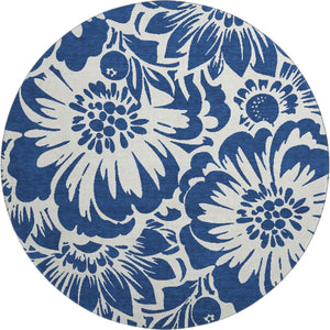 HomeRoots 8' Navy Blue Floral Round Rug - Washable, UV-Protected, and Stain-Resistant for Stylish Spaces 648667