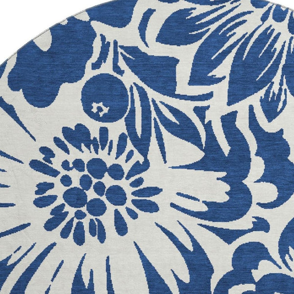 HomeRoots 8' Navy Blue Floral Round Rug - Washable, UV-Protected, and Stain-Resistant for Stylish Spaces 648667