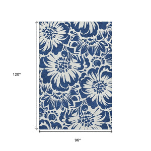 HomeRoots 8' X 10' Navy Blue Floral Area Rug - Washable, UV Protected, Durable Design for Busy Homes & Pets 648668