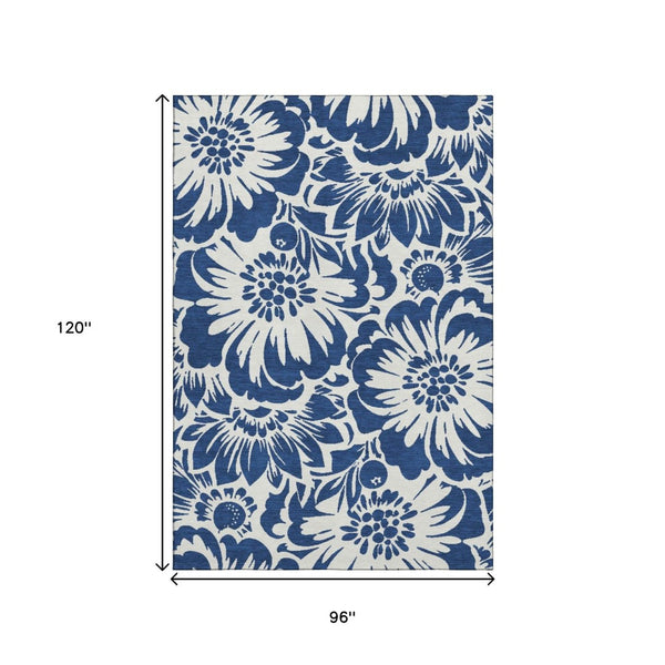 HomeRoots 8' X 10' Navy Blue Floral Area Rug - Washable, UV Protected, Durable Design for Busy Homes & Pets 648668