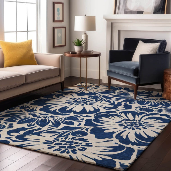 HomeRoots 8' X 10' Navy Blue Floral Area Rug - Washable, UV Protected, Durable Design for Busy Homes & Pets 648668
