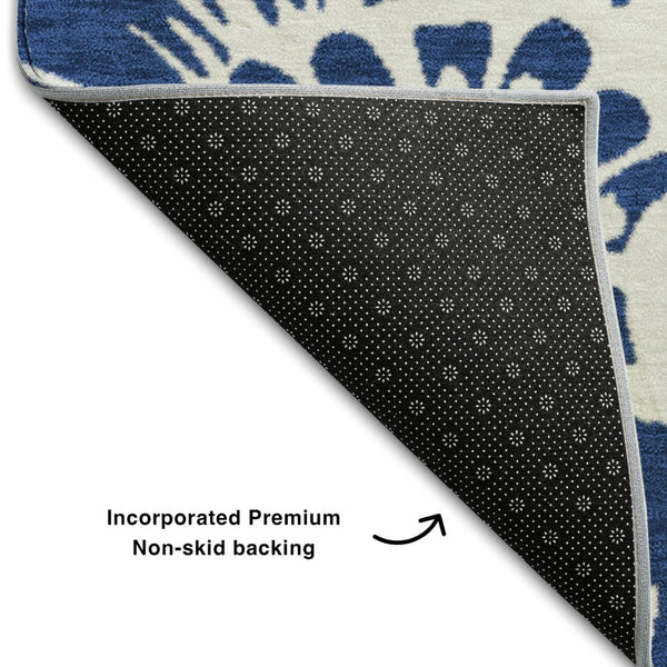 HomeRoots 8' X 10' Navy Blue Floral Area Rug - Washable, UV Protected, Durable Design for Busy Homes & Pets 648668