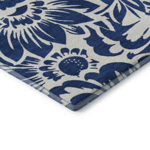 HomeRoots 8' X 10' Navy Blue Floral Area Rug - Washable, UV Protected, Durable Design for Busy Homes & Pets 648668