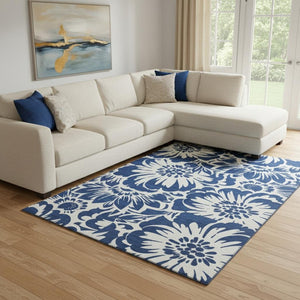 HomeRoots 8' X 10' Navy Blue Floral Area Rug - Washable, UV Protected, Durable Design for Busy Homes & Pets 648668