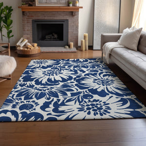 HomeRoots 8' X 10' Navy Blue Floral Area Rug - Washable, UV Protected, Durable Design for Busy Homes & Pets 648668