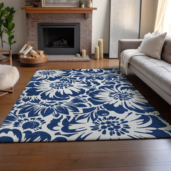 HomeRoots 8' X 10' Navy Blue Floral Area Rug - Washable, UV Protected, Durable Design for Busy Homes & Pets 648668