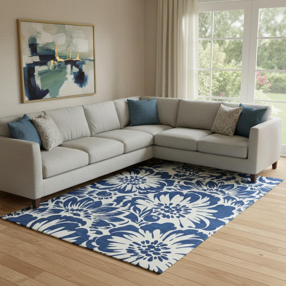 HomeRoots 9' X 12' Navy Blue Floral Area Rug - Washable, UV Protected, Perfect for Homes with Kids & Pets! 648669