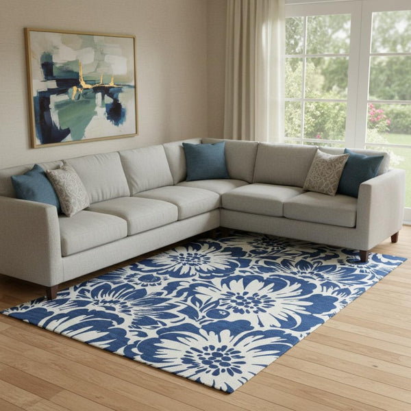 HomeRoots 9' X 12' Navy Blue Floral Area Rug - Washable, UV Protected, Perfect for Homes with Kids & Pets! 648669