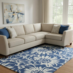 HomeRoots 10' X 14' Navy Blue & Ivory Floral Area Rug - Durable, Stain Resistant, UV Protected for Busy Homes 648670