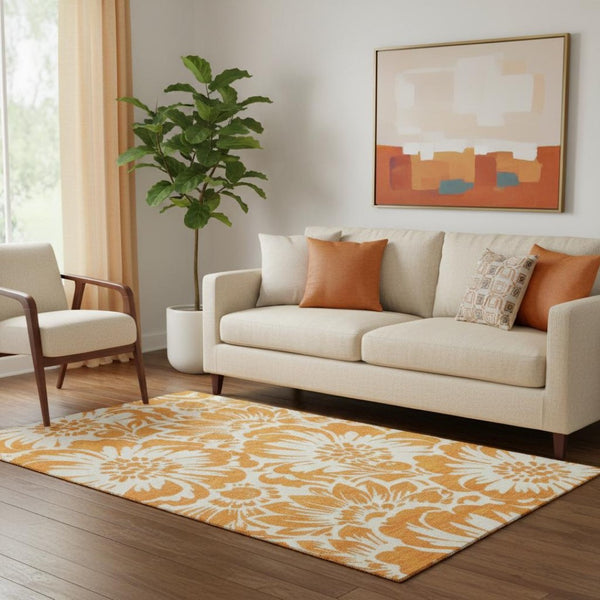 HomeRoots 5' X 8' Orange and Ivory Floral Area Rug - Durable, Washable, UV-Protected for Vibrant Living Spaces 648672