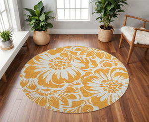 HomeRoots 8' Orange And Ivory Floral Washable Round Rug - Stain Resistant, UV Protected, Perfect for Any Space! 648673