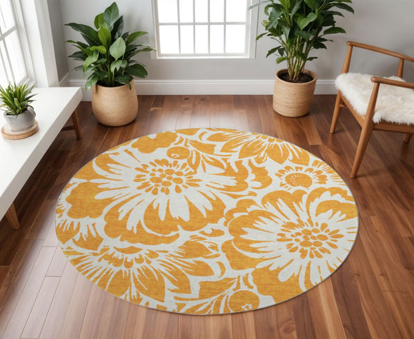 HomeRoots 8' Orange And Ivory Floral Washable Round Rug - Stain Resistant, UV Protected, Perfect for Any Space! 648673