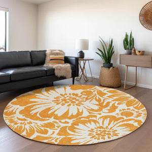 HomeRoots 8' Orange And Ivory Floral Washable Round Rug - Stain Resistant, UV Protected, Perfect for Any Space! 648673
