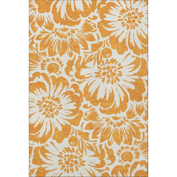 HomeRoots 9' X 12' Orange & Ivory Floral Area Rug - Washable, UV Protected, Durable for Family & Pet Homes 648675