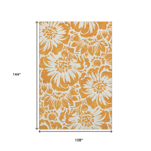 HomeRoots 9' X 12' Orange & Ivory Floral Area Rug - Washable, UV Protected, Durable for Family & Pet Homes 648675