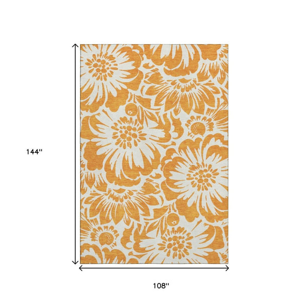 HomeRoots 9' X 12' Orange & Ivory Floral Area Rug - Washable, UV Protected, Durable for Family & Pet Homes 648675