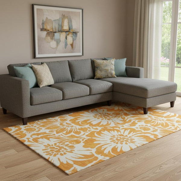 HomeRoots 9' X 12' Orange & Ivory Floral Area Rug - Washable, UV Protected, Durable for Family & Pet Homes 648675